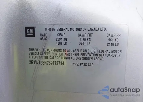 2008 Chevrolet Impala Lt z USA, uszkodzony, nr VIN 2G1WT58N789172714